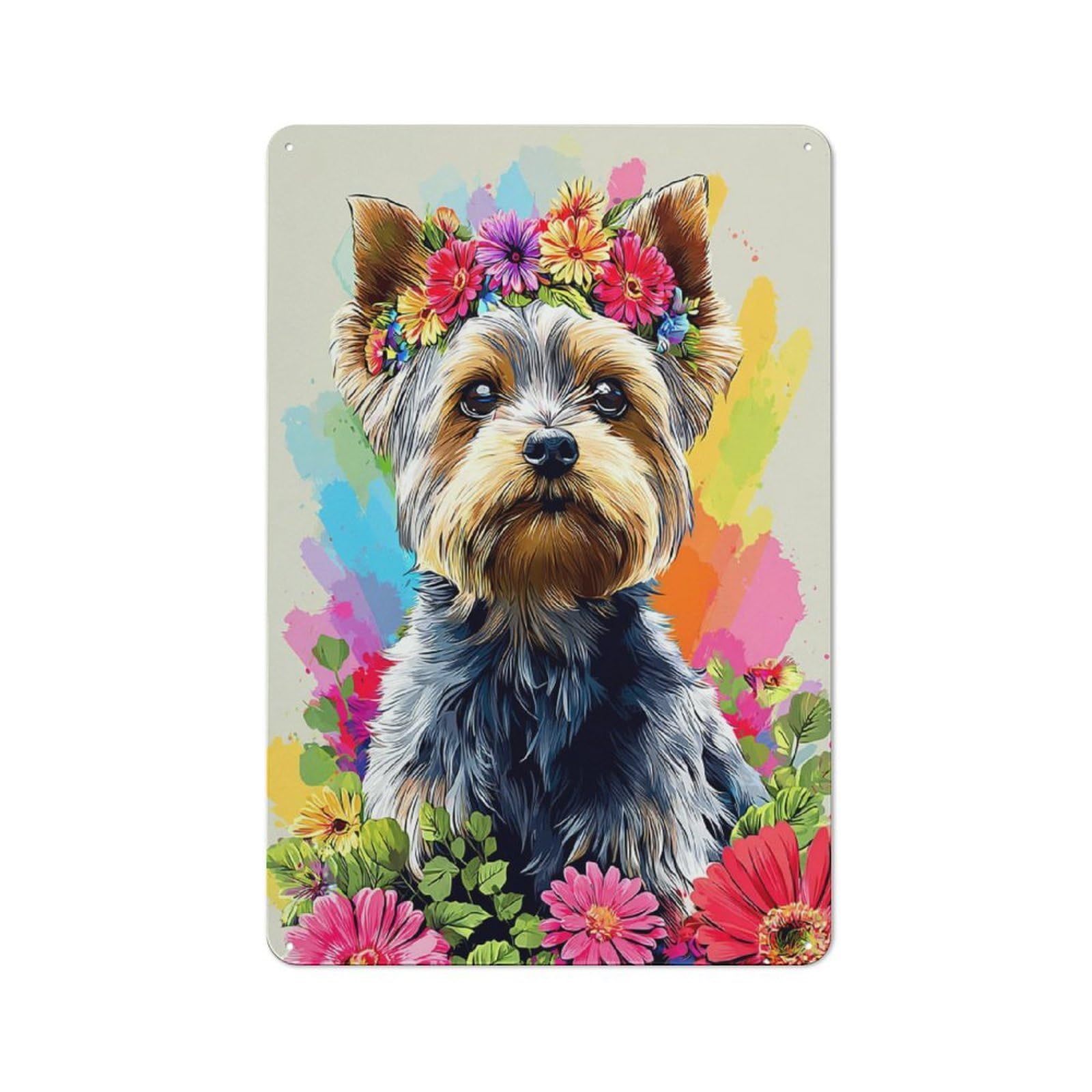 Junmoney Floral Crown Yorkie Portrait Rustic Metal Plaque 30X20cm For Hobby Room Or Studio, For Creative Interior Collectors