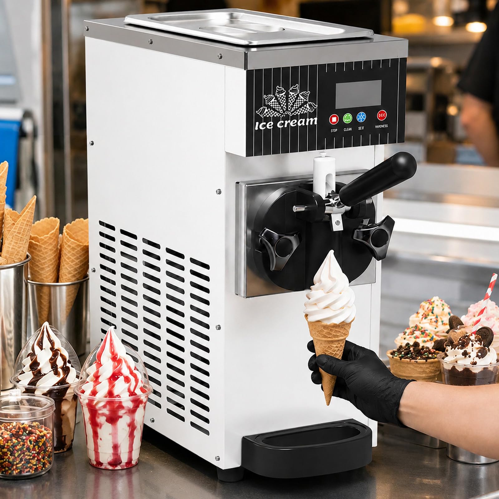 Máquina De Helado Soft para Casa, 4-5 L/H Máquina para Hacer Helados con Pantalla LCD, Preenfriamiento Y Limpieza Automática, para Tarrinas, Sorbetes, Postres Y Cucuruchos White