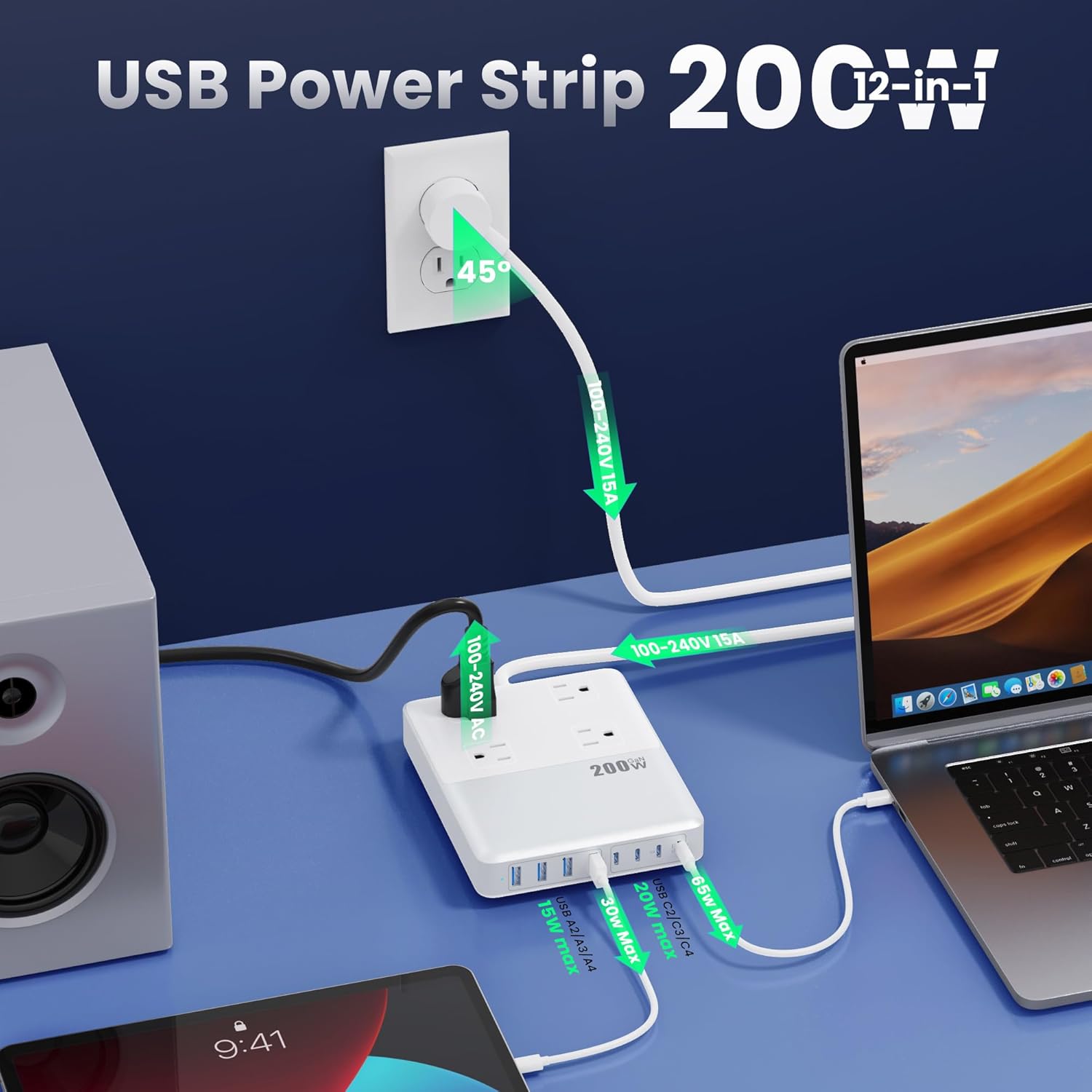 200W USB C Charging Station Power Strip with Cord and Plug,USB C Charger Block,4 AC Outlets,8 USB Ports for MacBook,iPhone 17/16/15,Fast Charging Desktop Charger for Office,Home (White)