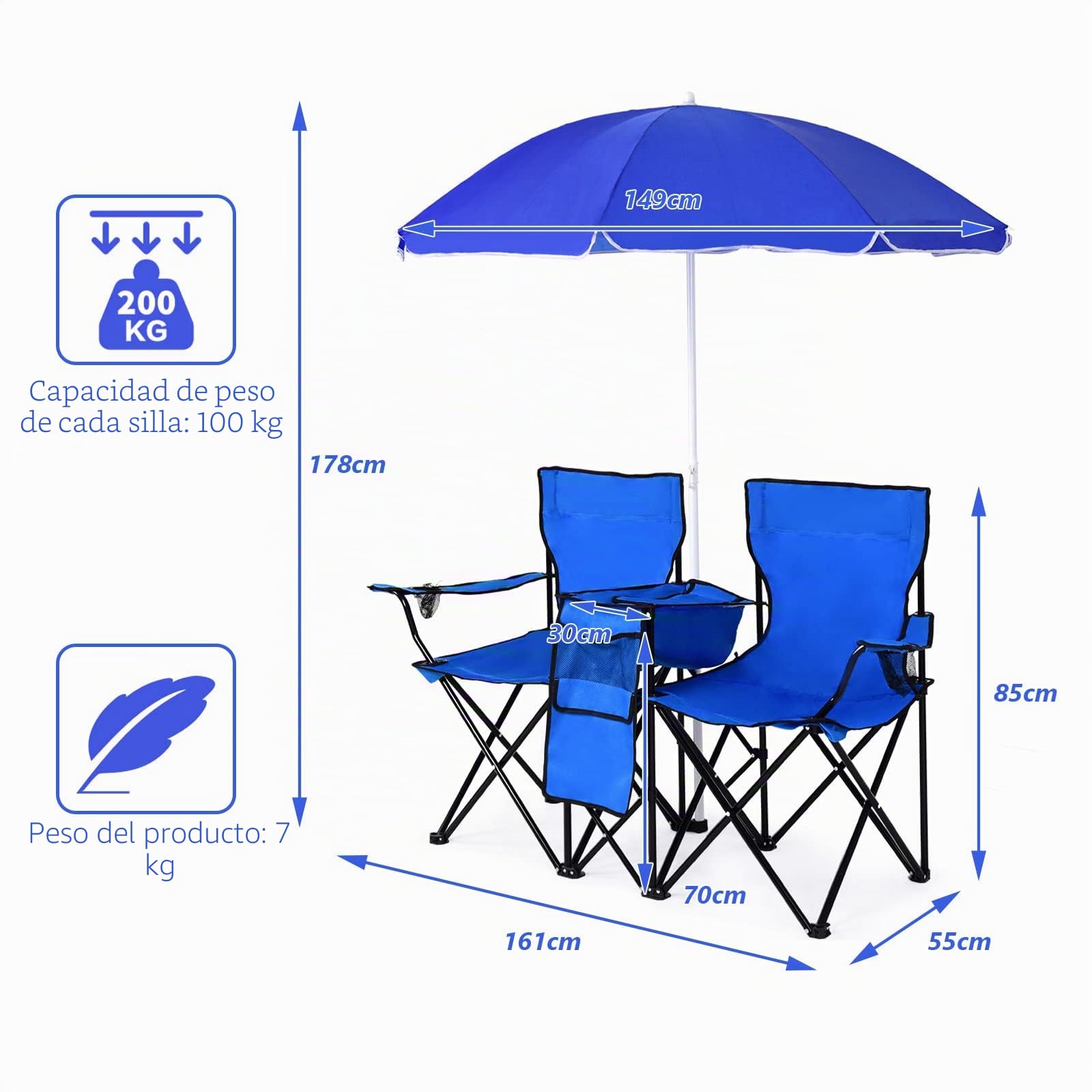 GOPLUS Silla de Camping 2 Plazas con Sombrilla, Sillón Doble con Bolsillo, Portavasos y Bolsa de Transporte, Silla Plegable Portátil para Playa Pesca Barbacoas Picnic (Azul)
