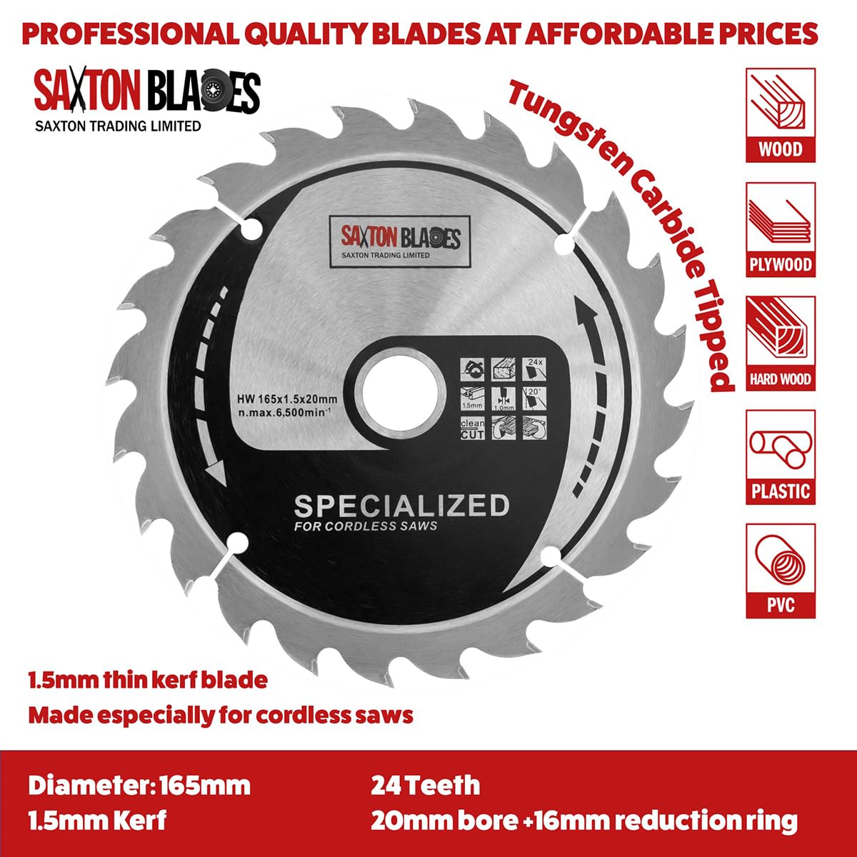 TCT165MXD Saxton 165mm TCT Thin Kerf Cordless Circular Saw Blade Pack D, Black - Image 2