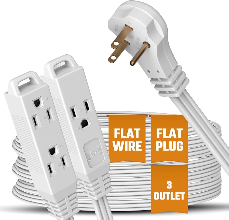 Cable de extensión blanco Cable de extensión de 3 clavijas y 3 salidas de más de 10 pies - Ángulo plano que ahorra espacio para uso en interiores por Bindmaster - Listado UL