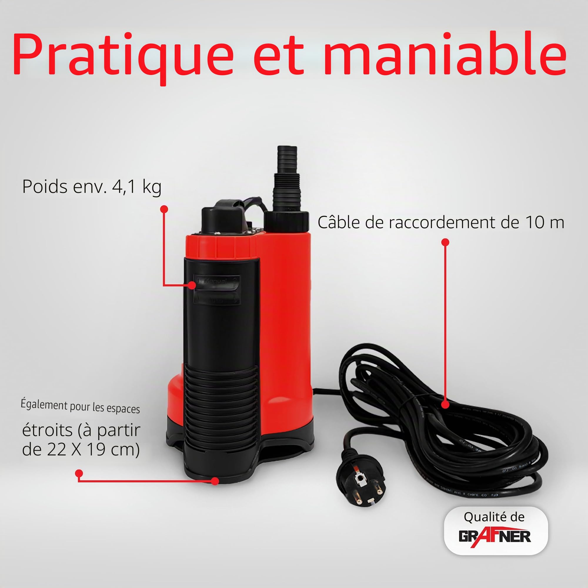Grafner Drainage Pompe à eau sale 400 W à 7 500 l/h avec interrupteur à flotteur, aspiration plate jusqu'à 25 mm, Ø 16 mm corps étrangers, drainage, pompe submersible, tige, pompe à pression