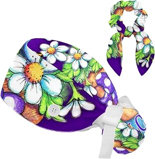 FVQL 2 Pieces Surgical Cap for Long Hair Scrub Cap with Hairband Nurse Cap, Daisy Flower and bee Animal