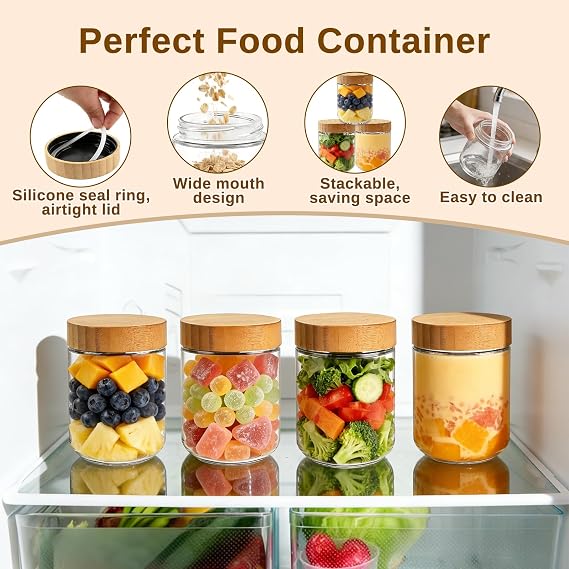 MOXYOY 4 Pack Overnight Oats Jar with Lids, Glass Jars, Glass Container Jars, Breakfast Pots, Pickling Jars, 500ml 16 oz Regular Mouth Canning Jars for Jam, Liquid Foods and Dry Foods