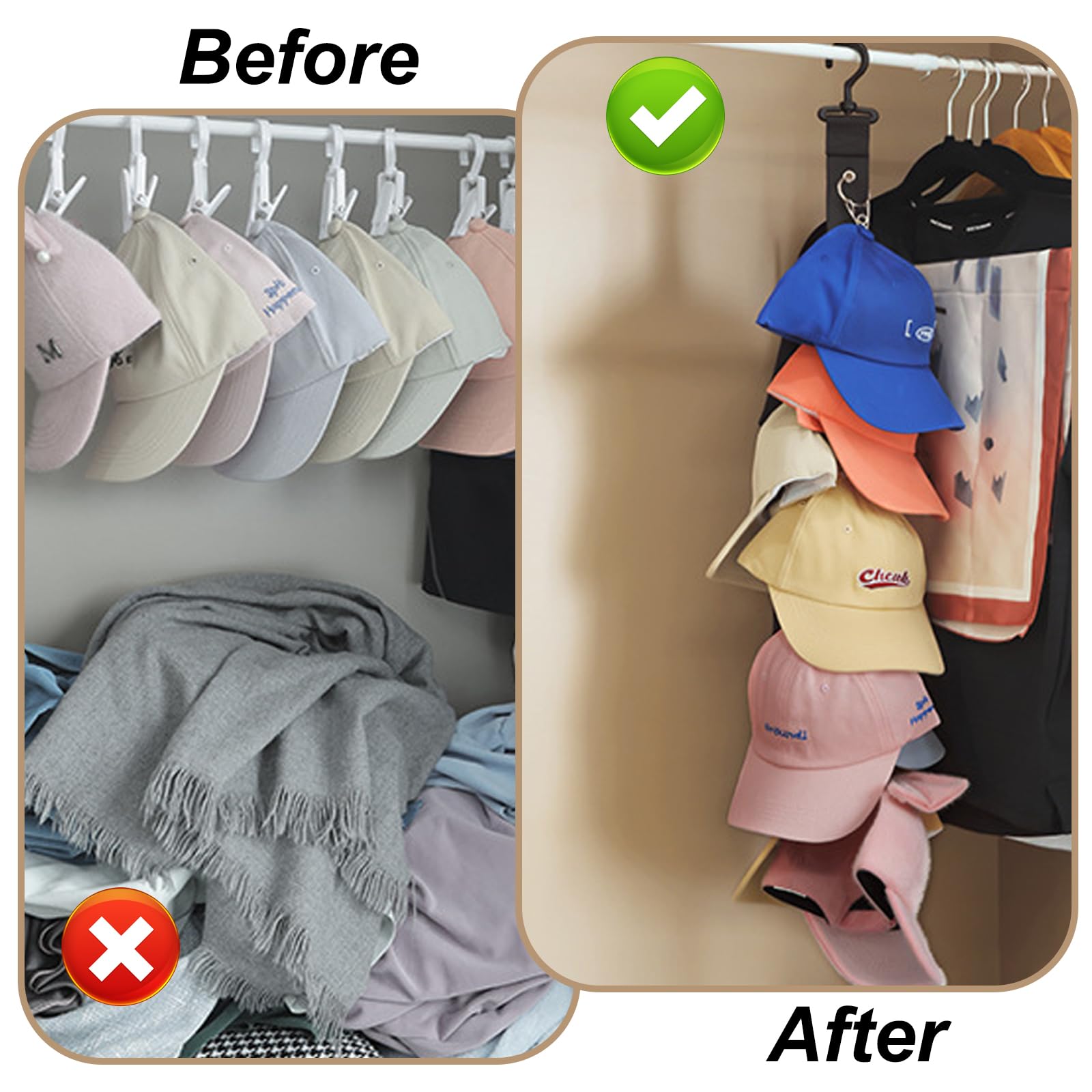 Lot De 2 Cintres à Casquettes Avec 10 Clips - En Métal, Protection Caoutchouc - Pour Rangement Placard, Gain De Place