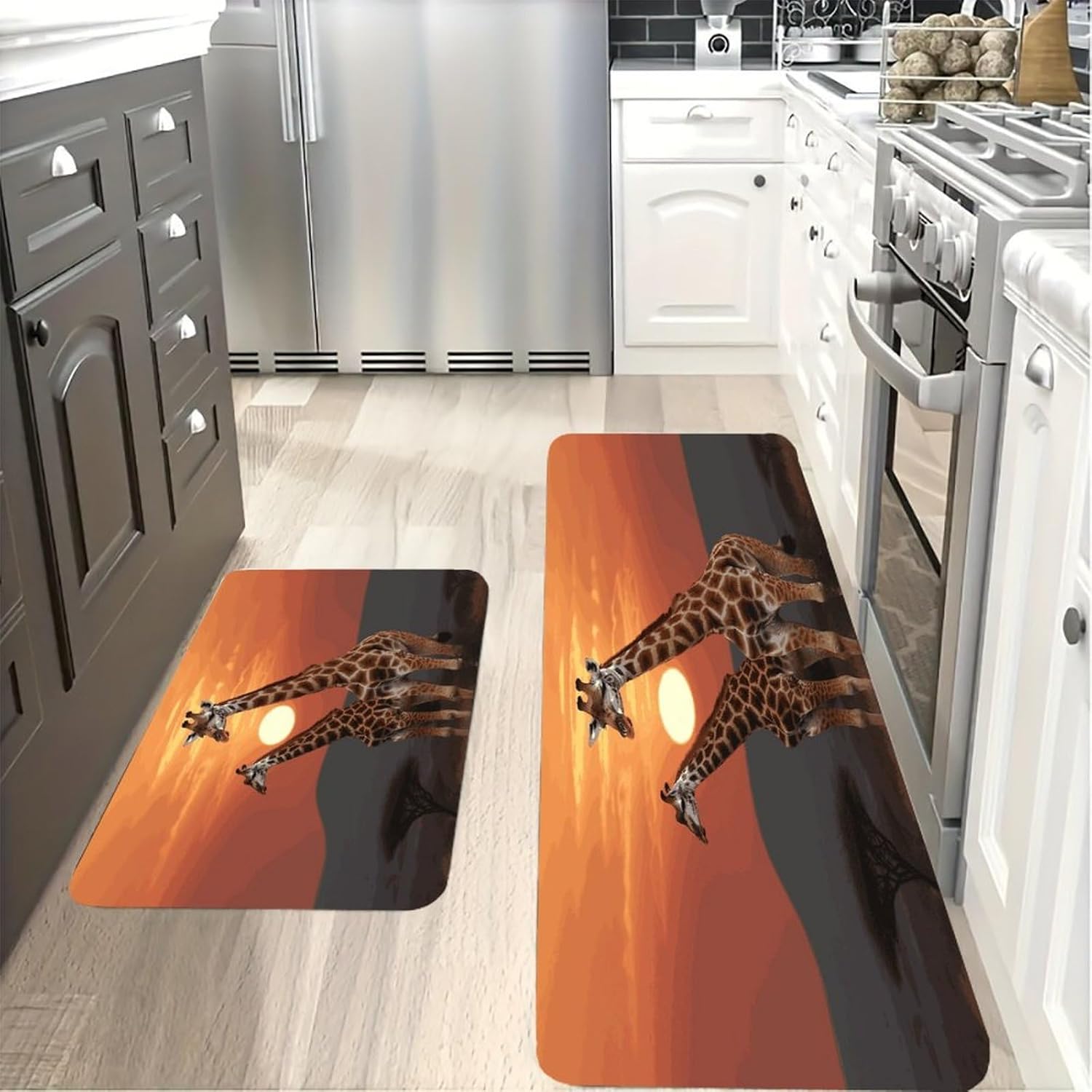 Giraffe at Sunset Kitchen Mats with 2PCS Non-Slip Washable,Kitchen Rug Heavy Duty Durable, Floor Mats for Kitchen,Office,Sink,Laundry