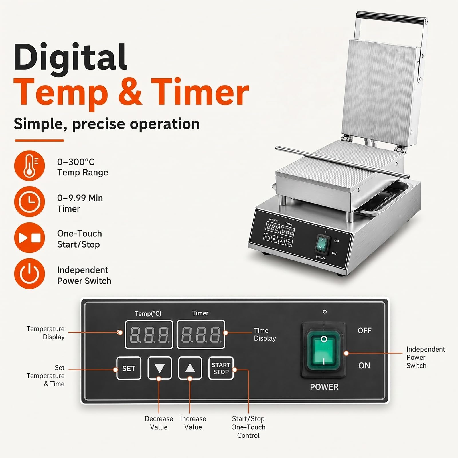 Máquina eléctrica comercial para hacer rollos de huevo, de acero inoxidable, para hacer conos de waffle crujientes, con temporizador de 0 a 9.99 minutos y calentamiento por ambos lados