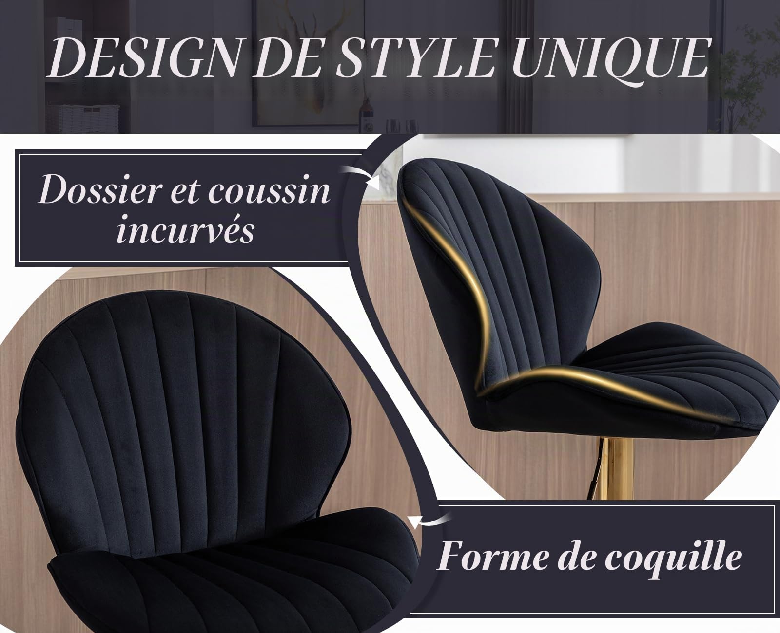 Ya-Home Tabourets de Bar Pivotants en Velours Lot de 2, Moir | Chaise Bar avec Repose-Pied, Tabouret Haut Cuisine avec Dossier,Chaise Haute Pied Dorée pour Cuisine/Bar/Îlot Central