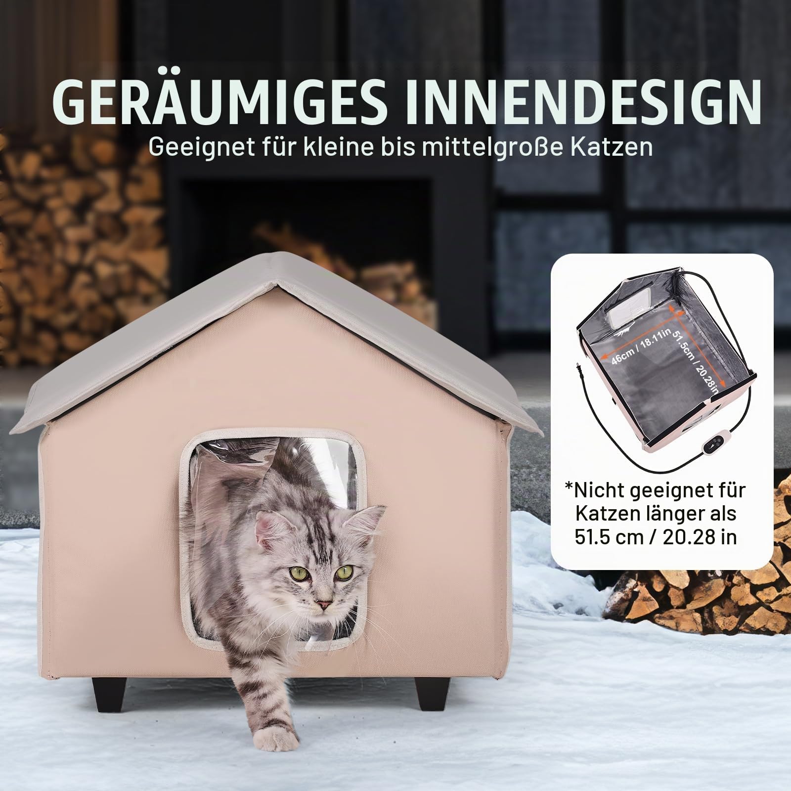 VEVOR Katzenhütte 52x48x47 cm, Katzenhaus 55 W, Katzenhöhle, Katzenunterschlupf aus 600D Oxford-Gewebe mit Beheiztem Kissen, Temperaturerhöhung bis 20 °C, für den Winter,Braun (Mitte)