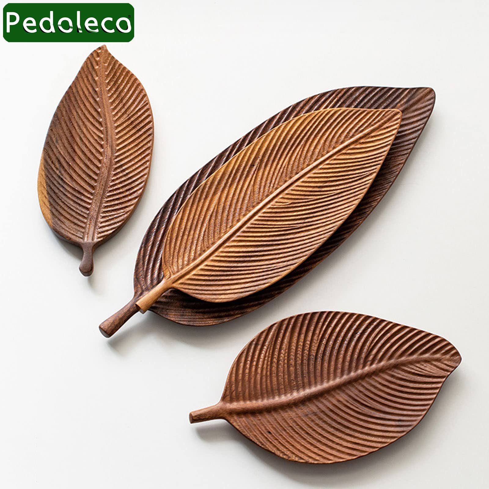 木製トレー彫刻模様葉型盆大皿木彫蓮の葉？ (120)