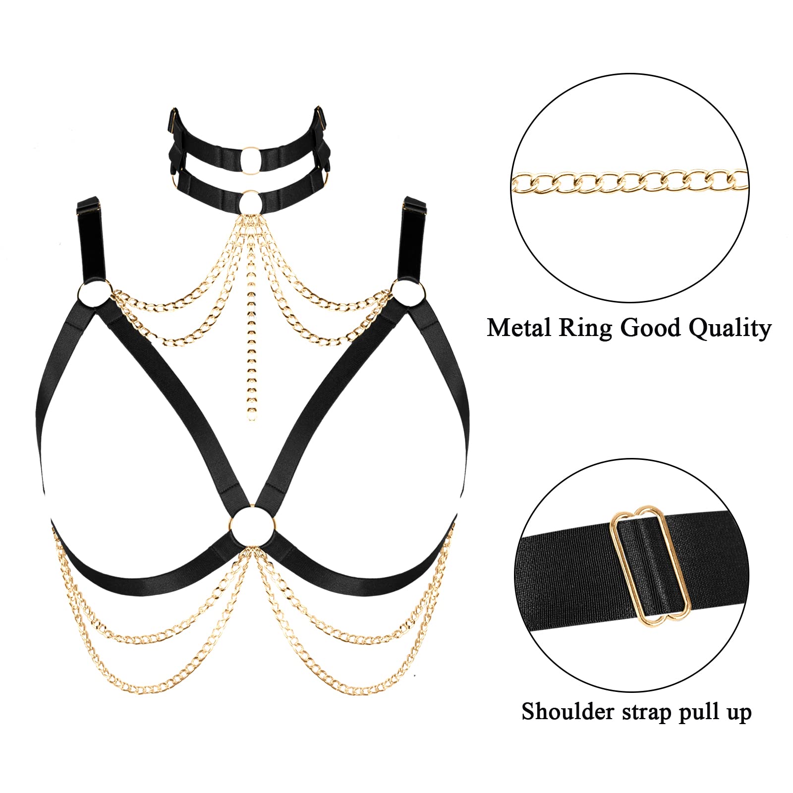 Damen Körper Harness BH Plus Größe Hohl Metall Kette Mode Punk BH Gothic Halloween Tanz Kostüm (Schwarz+Gold)