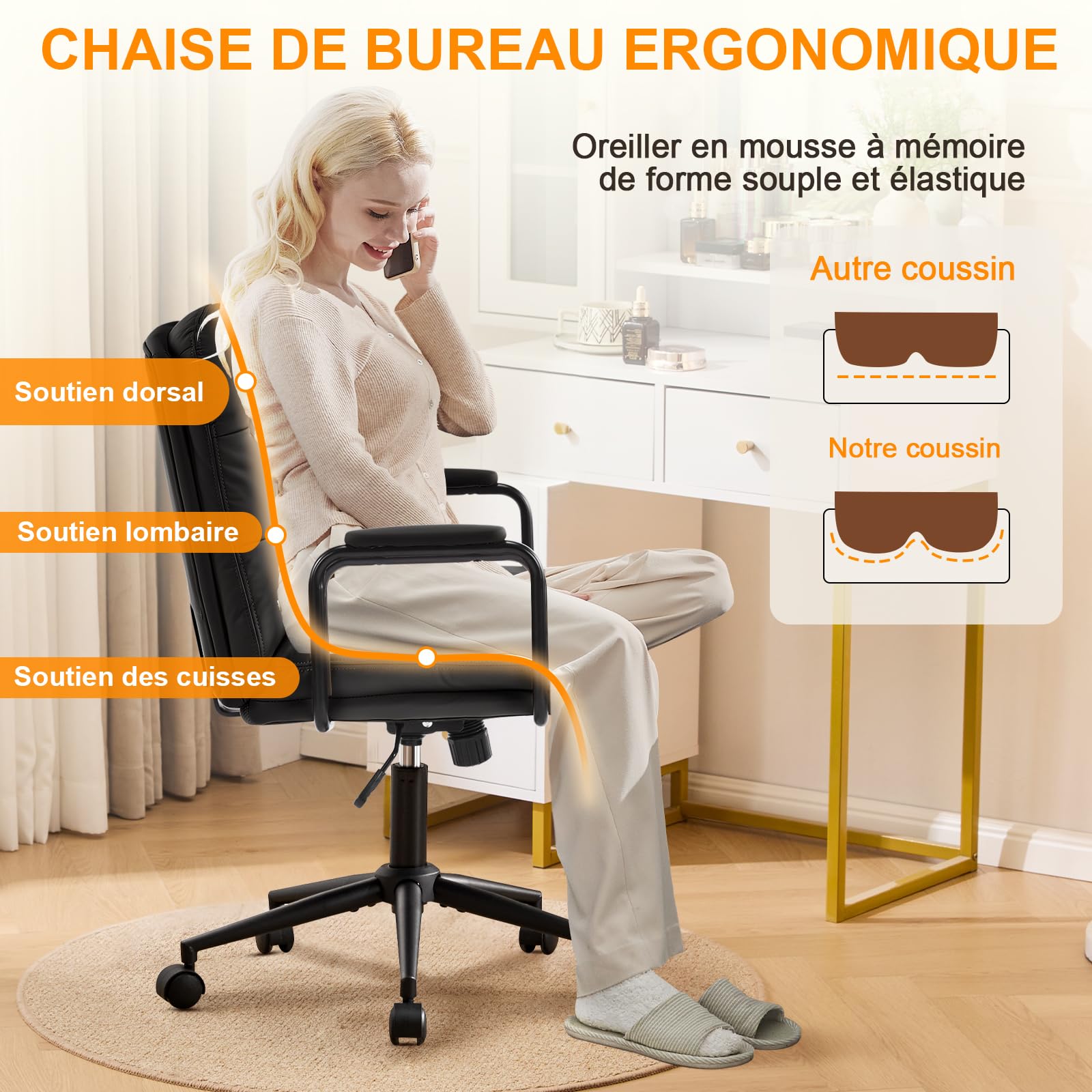 Fauteuil de Bureau Réglable en Hauteur Cuir PU avec Roulettes, Chaise Coiffeuse Bascule Pivotante Noir