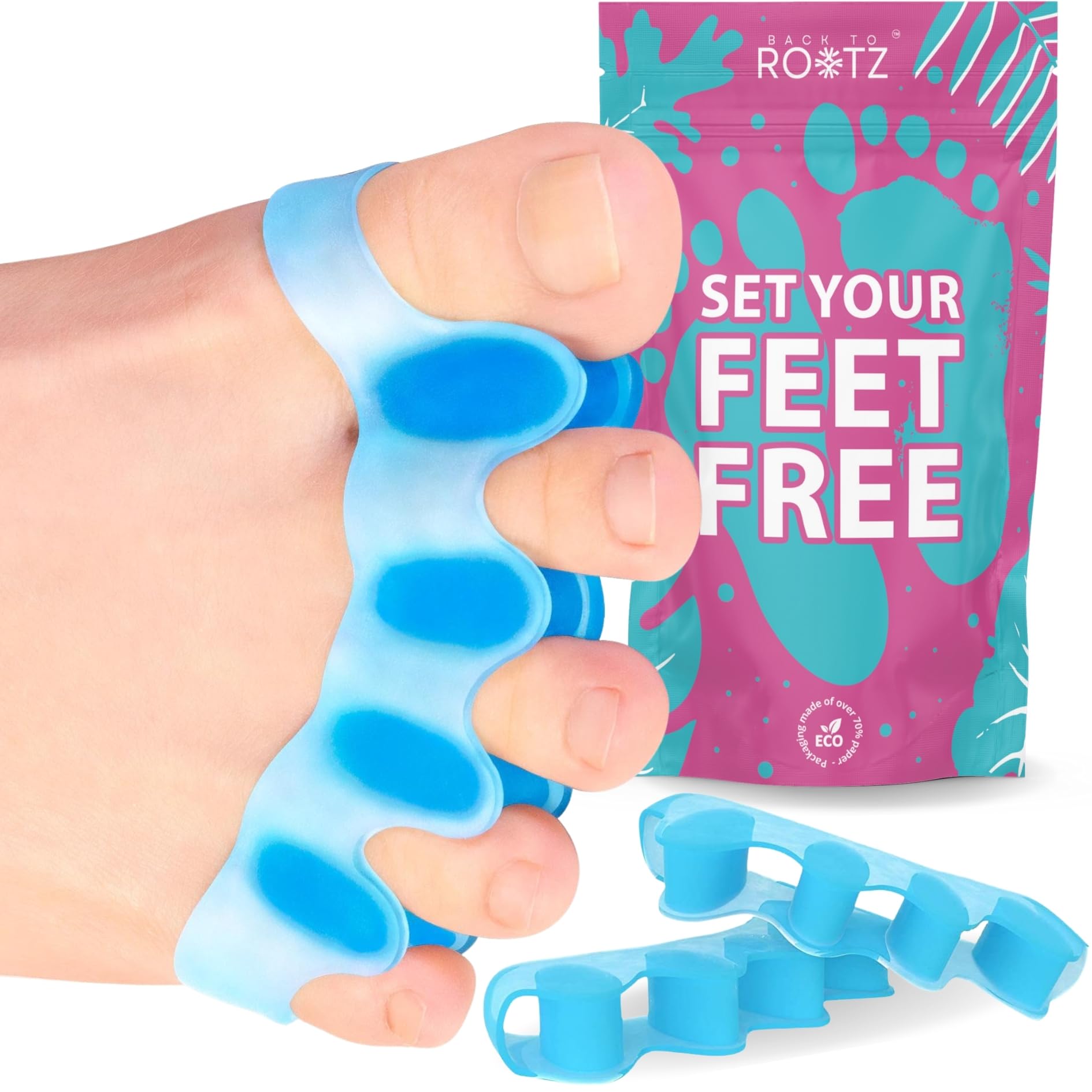ROOTZ® | Separadores de Dedos de los Pies como Corrector de Juanetes | Enderezador de Dedos para Terapia Barefoot | 2 Piezas de Silicona (Azul)