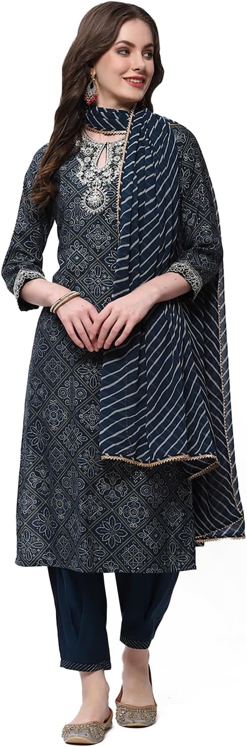 Rangriti Ladies Kurta and Salwar Blue Straight Bandhani Print Costume Set