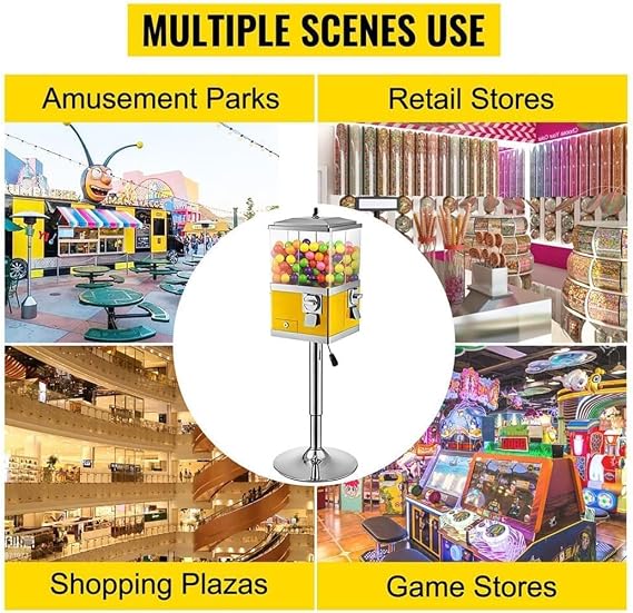 Candy Vending Machine Commercial, Rotatable Gumball Machine with Stand, 4 Hole Candy Sweet Dispenser, Adjustable Height Coin Operated Bubblegum Candy Bank