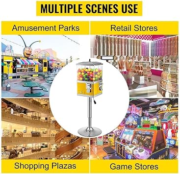 Candy Vending Machine Commercial, Rotatable Gumball Machine with Stand, 4 Hole Candy Sweet Dispenser, Adjustable Height Coin Operated Bubblegum Candy Bank