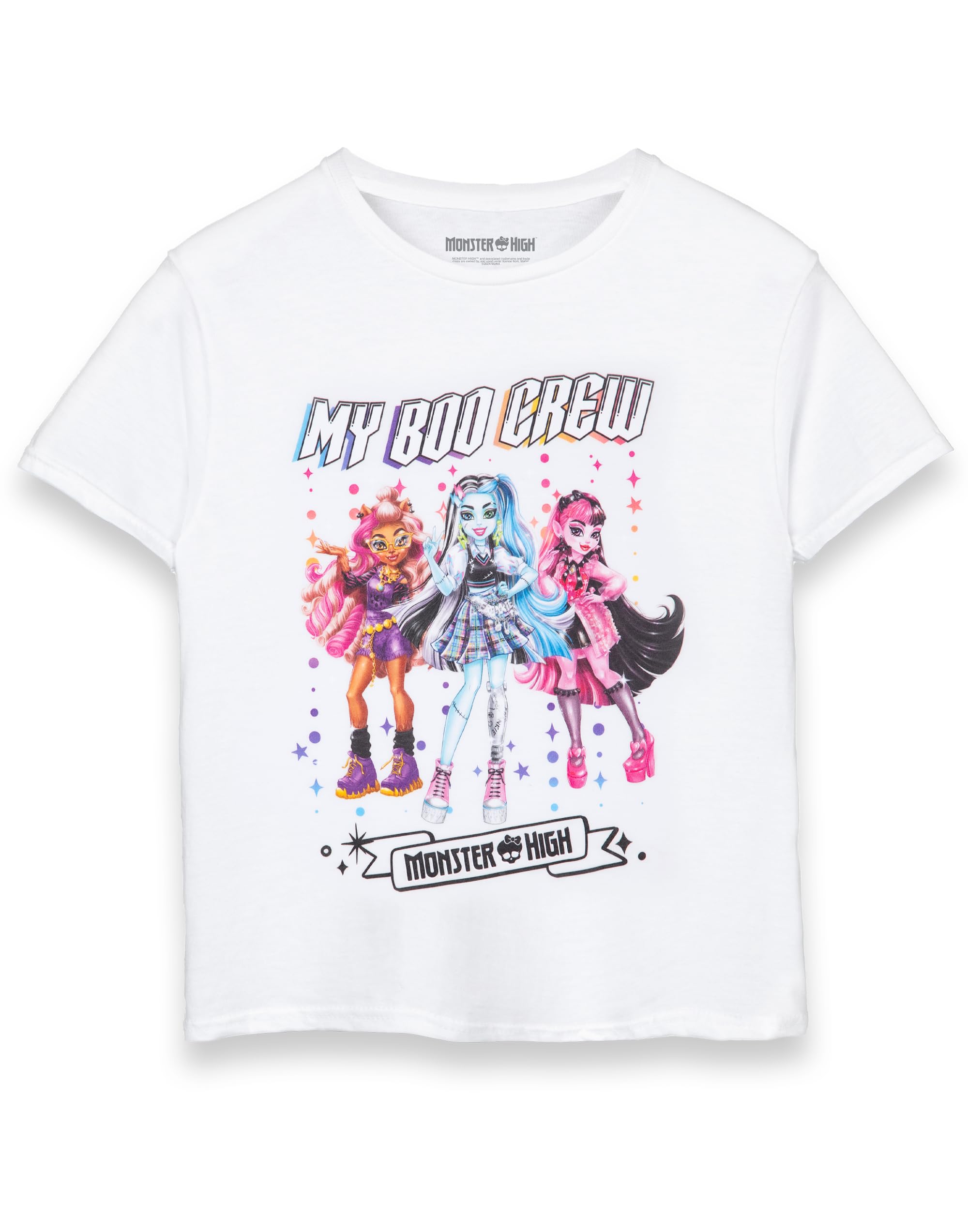 Monster High Maglietta da ragazza | Maglietta a maniche corte per bambini My Boo Crew in bianco | Draculaura Frankie Stein Clawdeen Wolf TV Show Apparel Top | Moda Cartoon Series Merchandise Gift