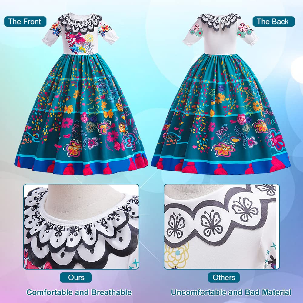 YYDSXK Mirabel Encanto Vestito, Principessa Mirabel Madrigal Costume per Ragazze, Mirabel Principessa Vestito con Borsa a Tracolla per Bambini 2-11 Anni Festa di Compleanno Cosplay