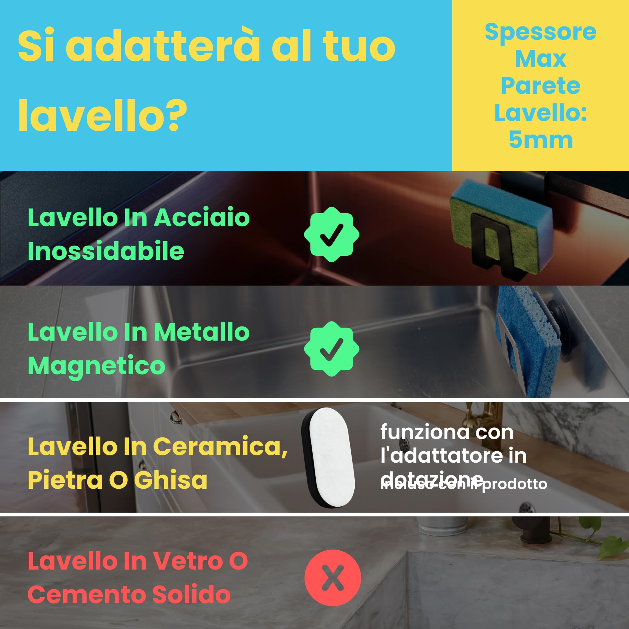 Porta spugna magnetico per lavello della cucina - Magnete potente - Organizer per lavello della cucina - Porta spugna per lavello (biocomposito)