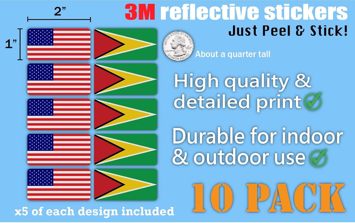 (x10) 3M Reflective Guyana and US Flag Stickers | Versatile Safety Decals | Hard hats, laptops, bikes, toolboxes