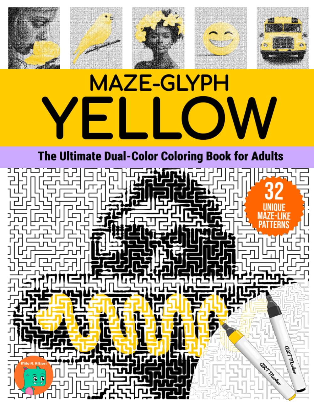 Maze-glyph Yellow: The Ultimate Dual-Color Coloring Book for Adults