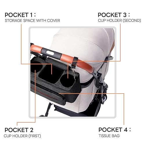 Miniatura 8 de PETTENA Organizador de cochecito para perros con 2 portavasos, bolsillo para golosinas, correas antideslizantes, accesorios para cochecito de perro,