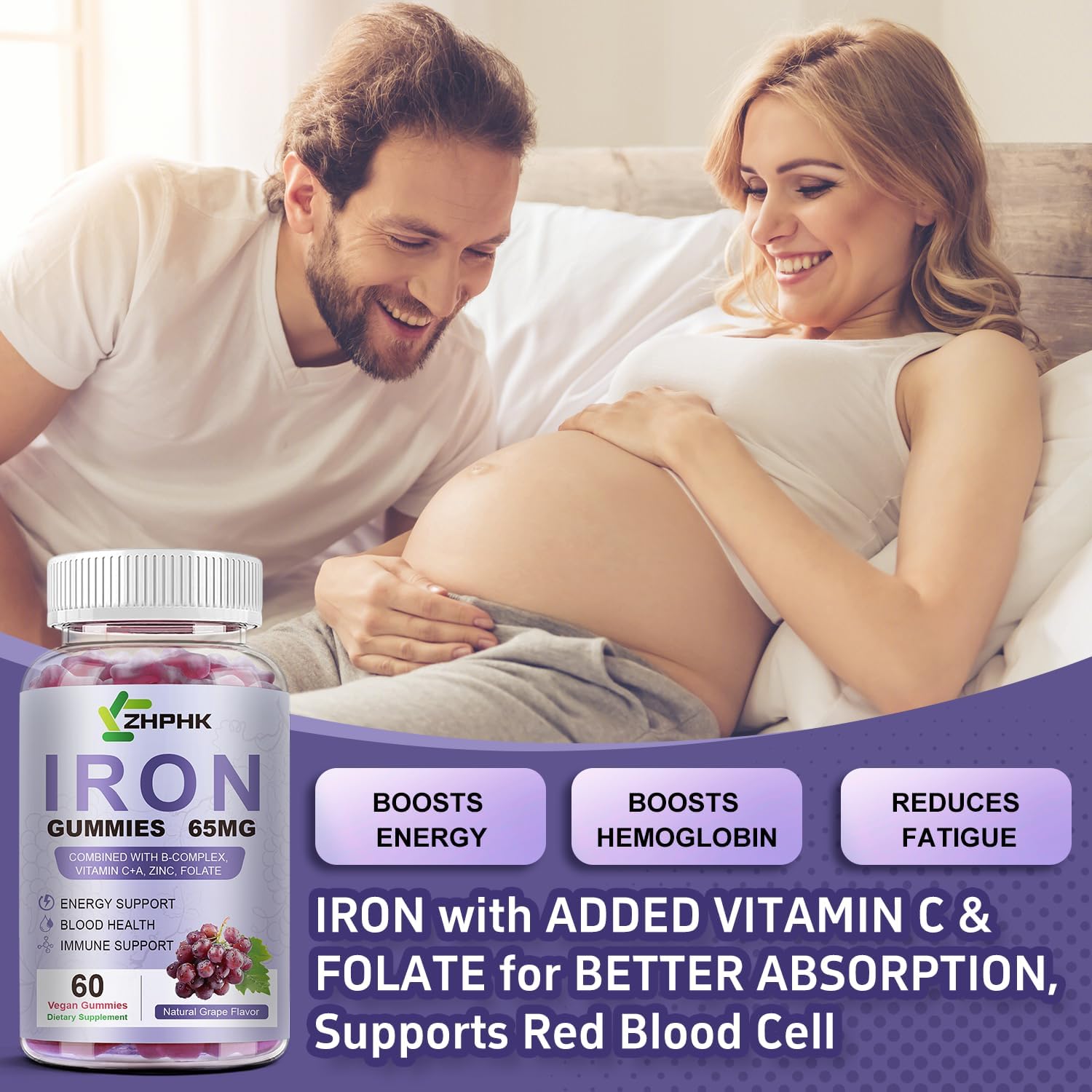 Vegan Iron Supplement 65mg, Iron Gummies for Women and Men with Vitamin C 250mg, Vitamin A, B-Complex, Biotin, Zinc & Folate, Folate for Energy Boost, Immune Health, 120 Count - Image 5