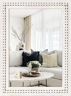 H HOMEWINS Rustic Rectangle Mirror,24x36 Wooden Farmhouse Mirrors,Boho Bathroom Wall-Mounted White Beads Decor Mirror for Bedroom, Living Room,Vanity,Entryway,Over Sink