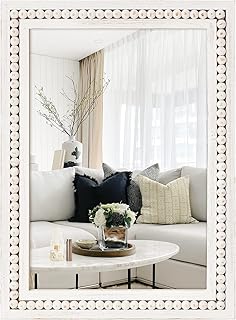 H HOMEWINS Rustic Wooden Mirror,22x30 Inch Farmhouse Boho Bathroom Rectangle Nursery White Beads Decor