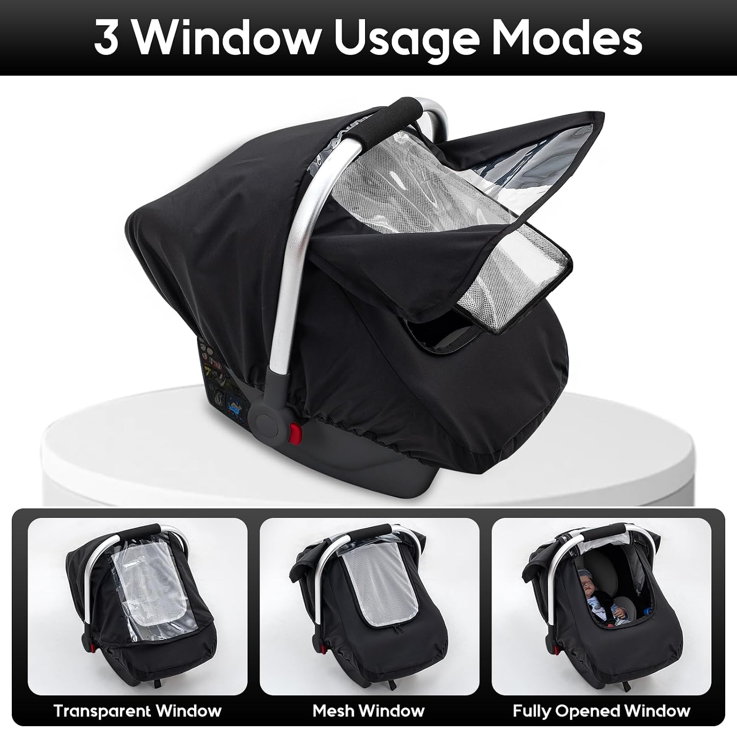 Waterproof Baby Car Seat Cover, Car Seat Rain Cover with Clear Window & Breathable Mesh, Universal Baby Carrier Cover with Support Rod to Prevent Collapse, Lightweight Weather Shield with Storage Bag