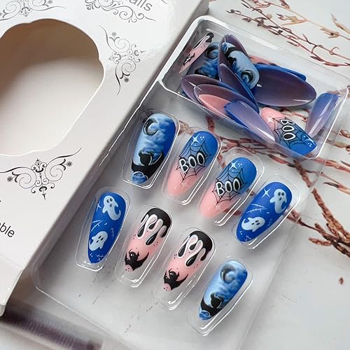 Miniatura 3 de Uñas de almendra de Halloween, uñas medianas a presión, color azul y blanco, fantasma, uñas postizas de Halloween, murciélagos negros, araña, araña,