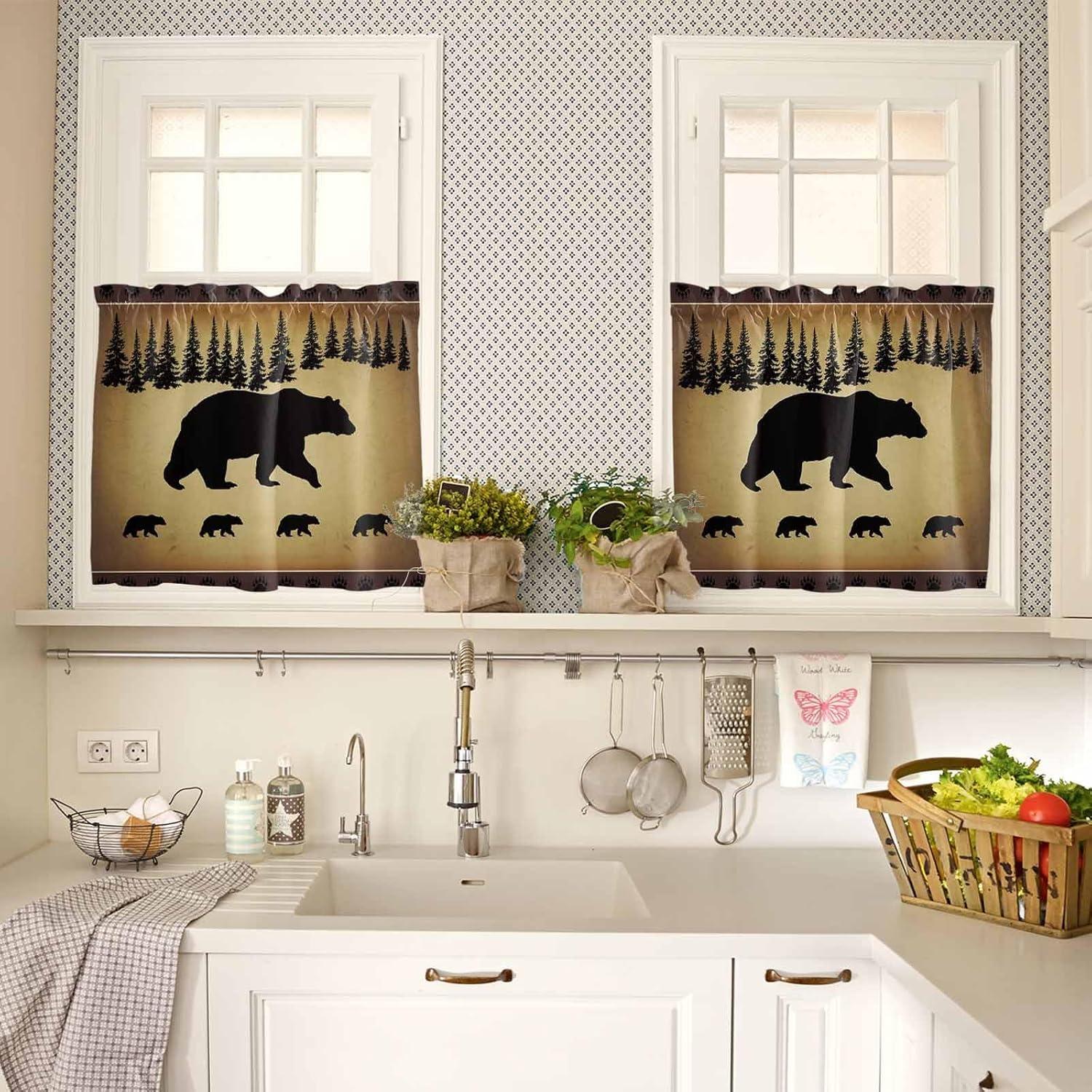 Kitchen Curtain 2 Panels Curtains 45 Inch Length, Polar Bears Pine Tree, Curtains Rod Pocket Curtains Window Drapes Treatment Window Cafe Curtains Rural Farm Farmhouse
