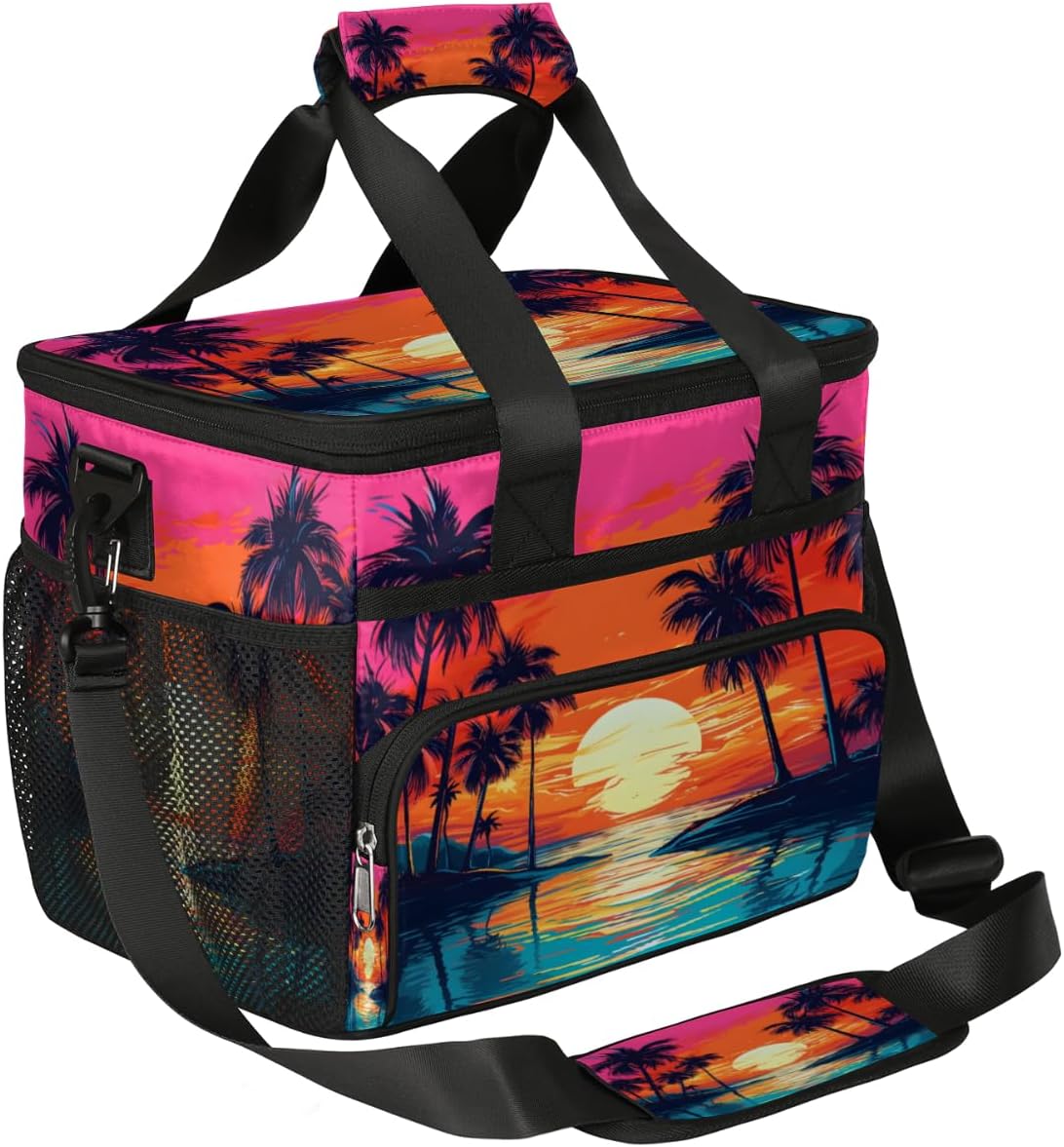 Seaside Coconut Palm Insulated Picnic Backpack Lunch Box for Women Men Picnic Basket Tote Lunch Bag Picnic Bag Portable Lunch Bags for Picnic, Beach, Work, Trip,Office, Camp Beach Sunset