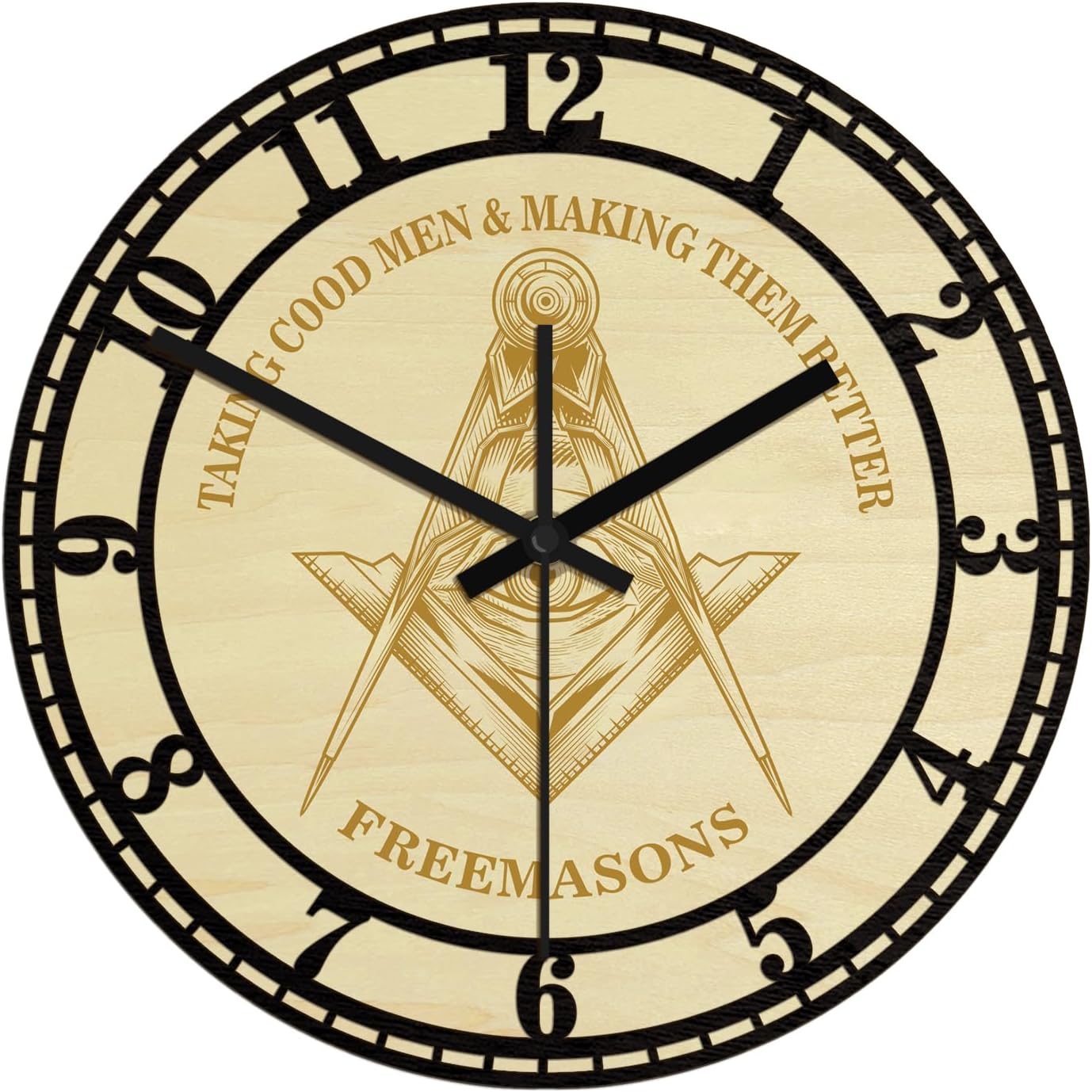 12 Inch Masonic Decor Wood Wall Clock, Freemason Wooden Wall Clock Battery Operated Silent Exclusive Masonic Lodge Freemasonry Sign Clock Decorative for Office Living Room Kitchen Bedroom