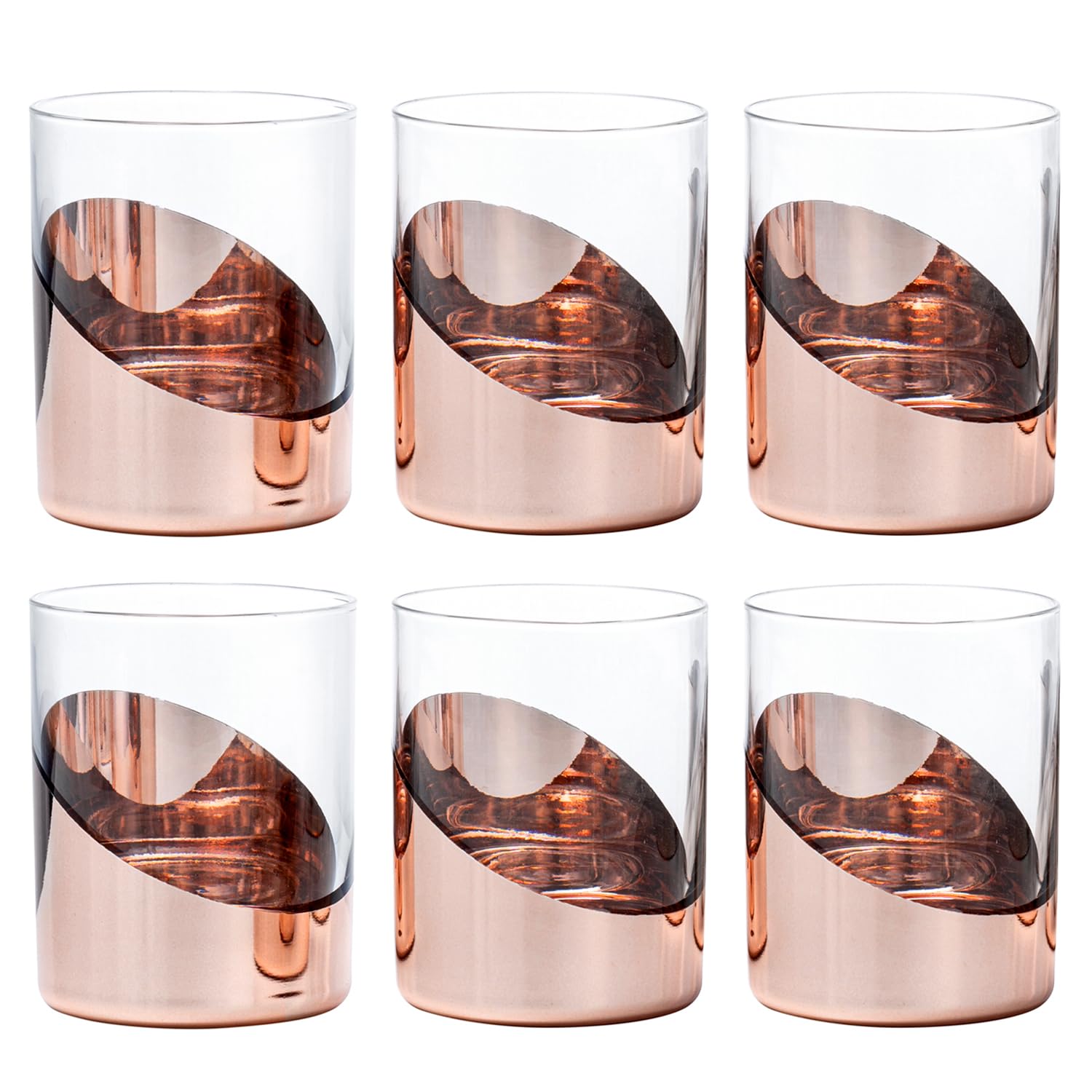 MyGift 12 oz Modern Cocktail Glasses with Slanted Metallic Copper Tone Plated Bottom, Angled Dipped Design Double Old Fashioned Lowball Whiskey Rocks