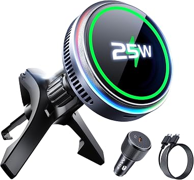 Qi2.2 25W Wireless Car Charger Magnetic Phone Holder Mount for Magsafe with Cooler for Air Vent TEC, Wireless Fast Charger 25W for iPhone 16-17 Series with iOS 26,15W for iPhone 12-15 Grey