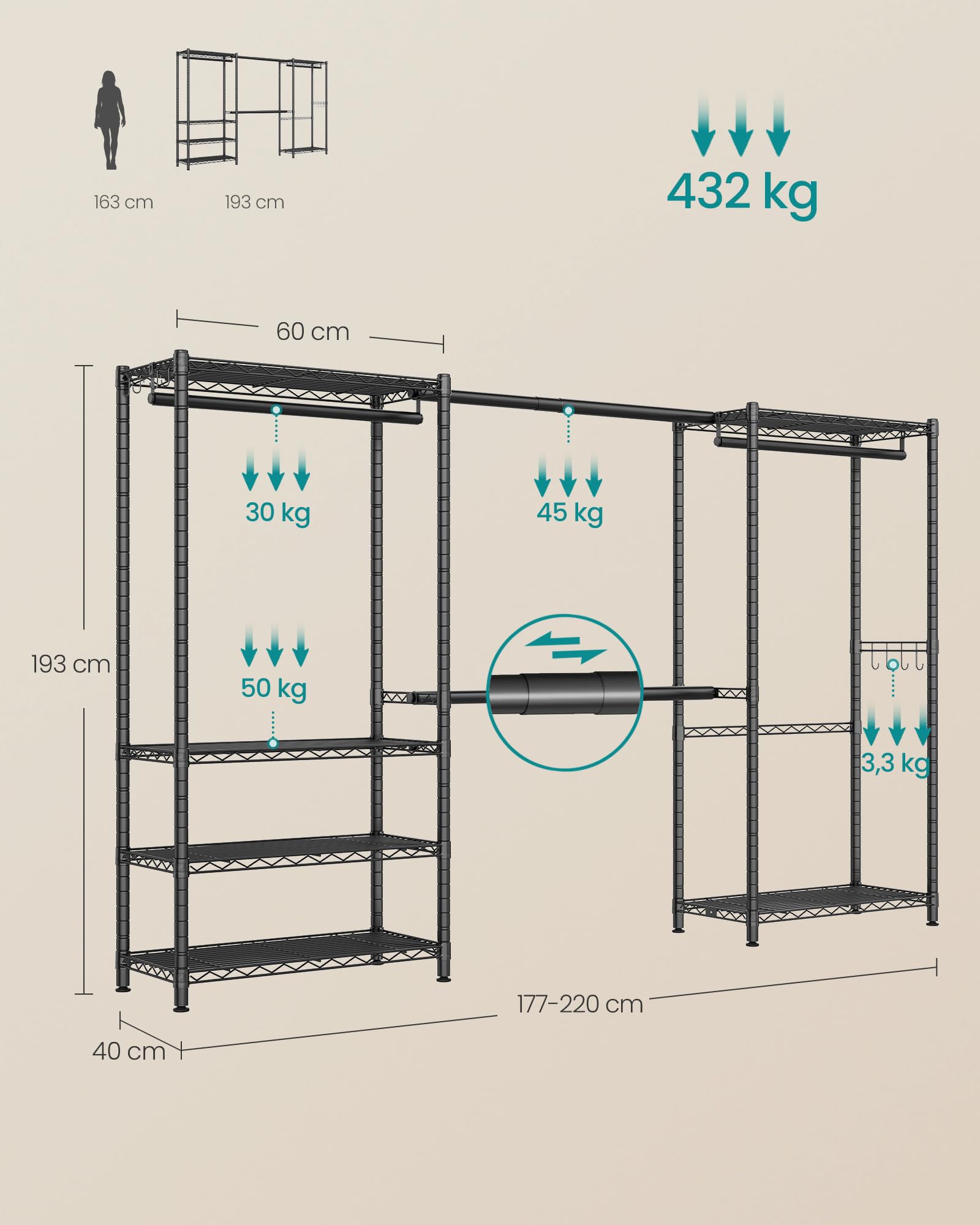SONGMICS Osioł do ubrań, przenośna szafka z półkami i wysuwanymi drążkami do wieszania, hakami, 40 x (177-220) x 193 cm, czarny atrament LGR438BH01