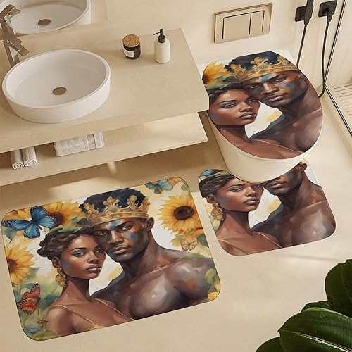 Miniatura 3 de Juego de 4 cortinas de ducha románticas de amor negro afroamericano con alfombra y tapa de inodoro, cortina de baño moderna con 12 ganchos