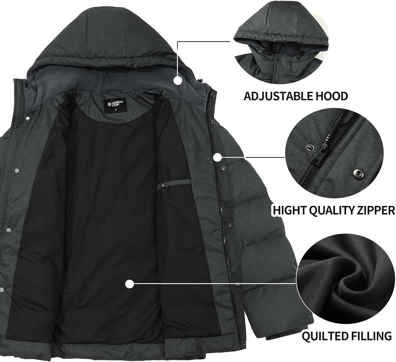Pioneer Camp Mens Winter Coat Warm Winter Puffer Jacket Waterproof Thicken Insulated Windproof Hooded Down Quilted Coat - Image 5