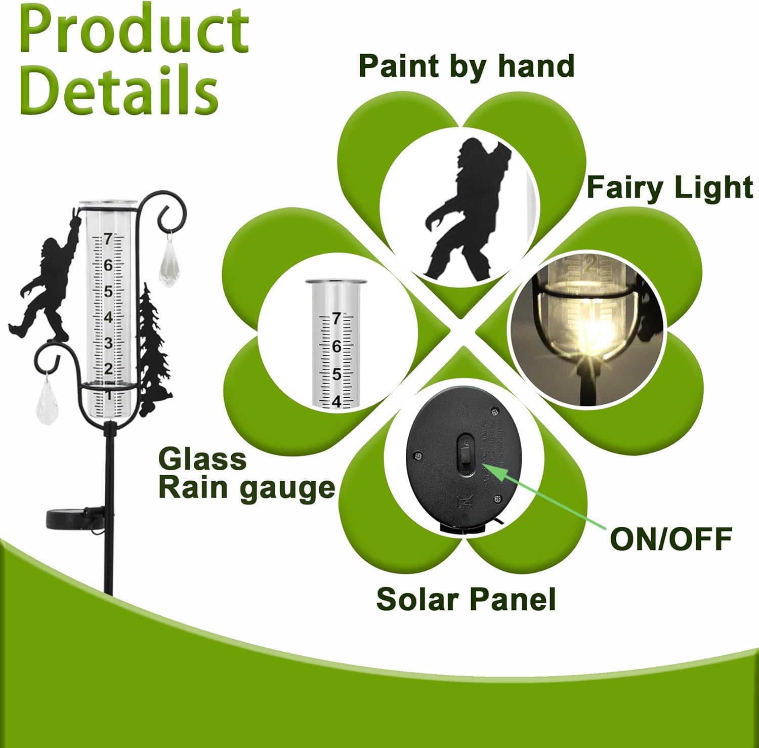 Rain Gauge Outdoor, Metal Black Sasquatch Solar Light Stake with Rain Gauges Decorative, Garden Lawn Yard Decor, 7" Glass Tube, Gifts for Weather Enthusiasts, Yard Tools