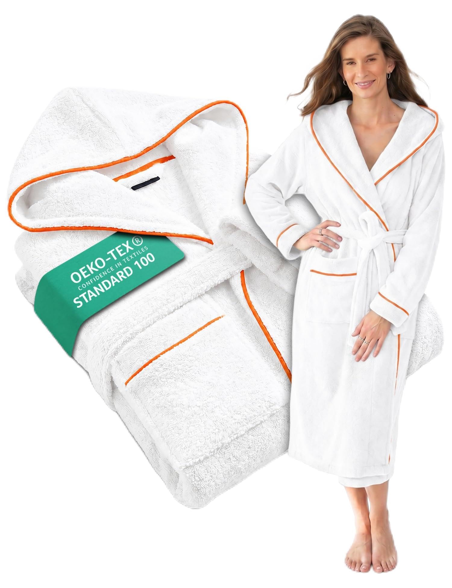Albornoz para mujer con capucha de algodón suave - extra suave y cómodo - albornoz largo de felpa para sauna - certificado OEKO-TEX