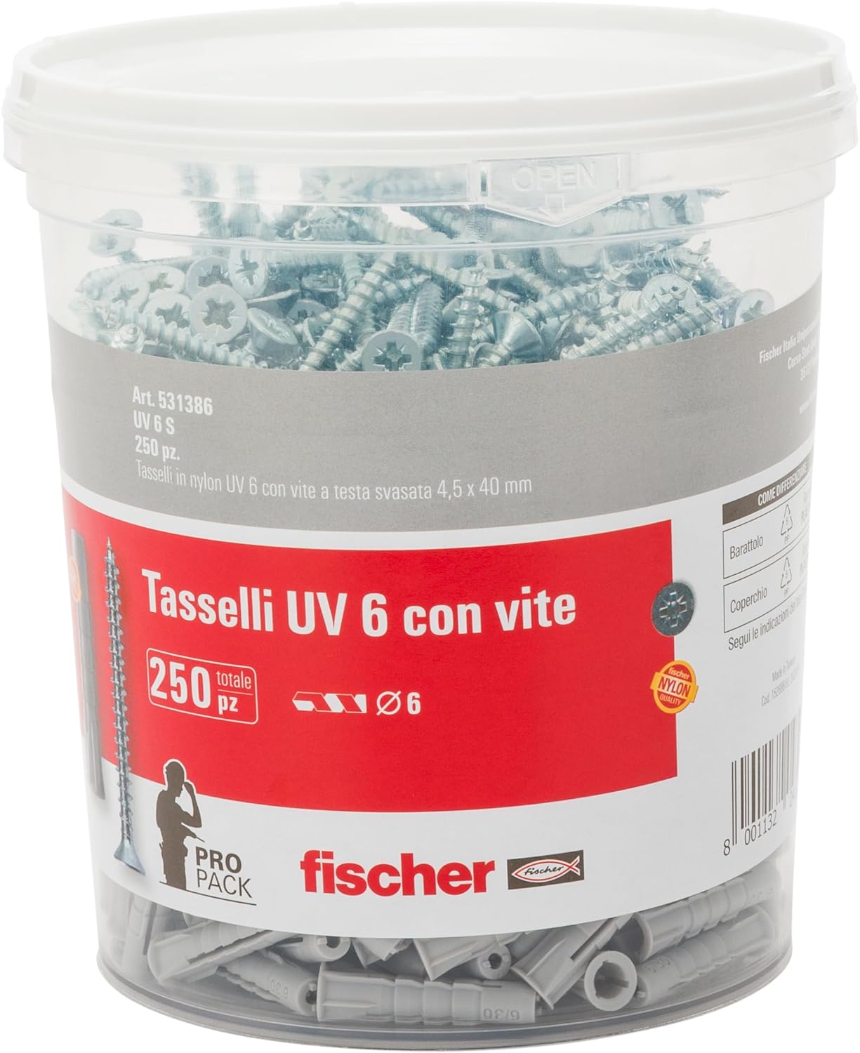 Fischer UV 6 S Bucket with 250 Dowels with Screw, Size 6 x 30 mm, 250 Dowels + 250 Screws, Ideal for Solid and Perforated Bricks, 531386