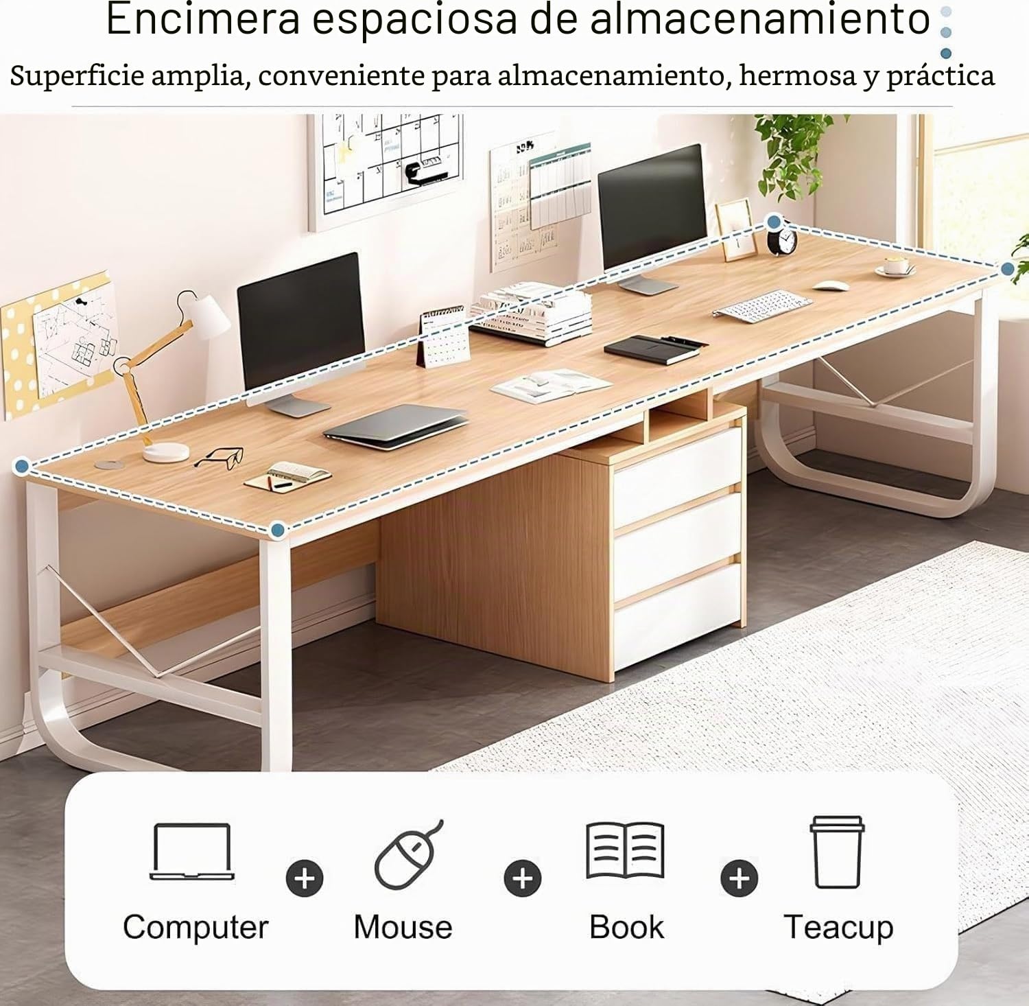 Escritorio doble, escritorio de computadora, escritorio doble con 3 cajones de documentos, escritorio de madera moderno y grande, adecuado para uso doméstico y de oficina C,240CM
