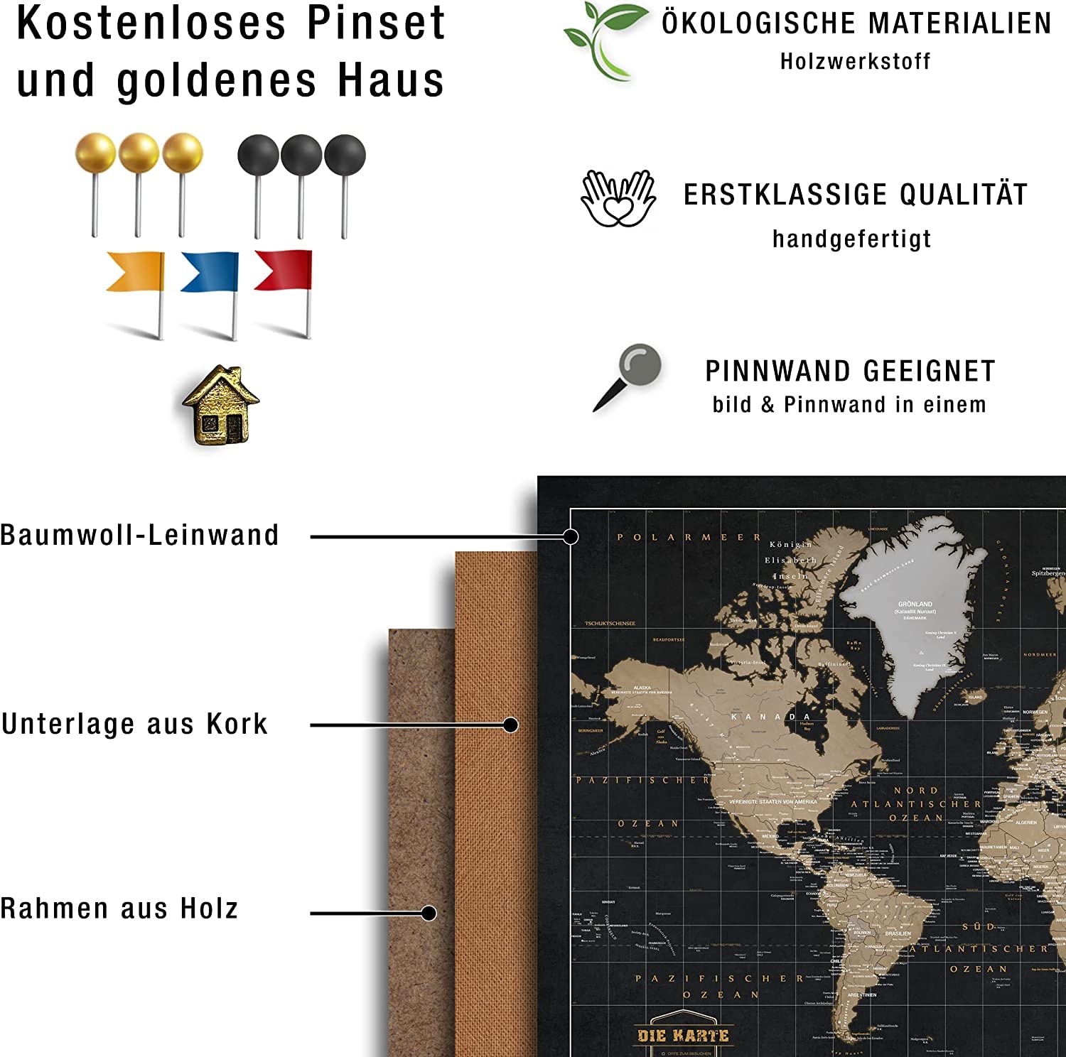 Płótno mapa świata z korkową tablicą do przypinania celów podróży – dekoracja ścienna do każdego pomieszczenia – wysokiej jakości obrazy na płótnie, z mapą świata, w różnych rozmiarach (150 x 100 cm,