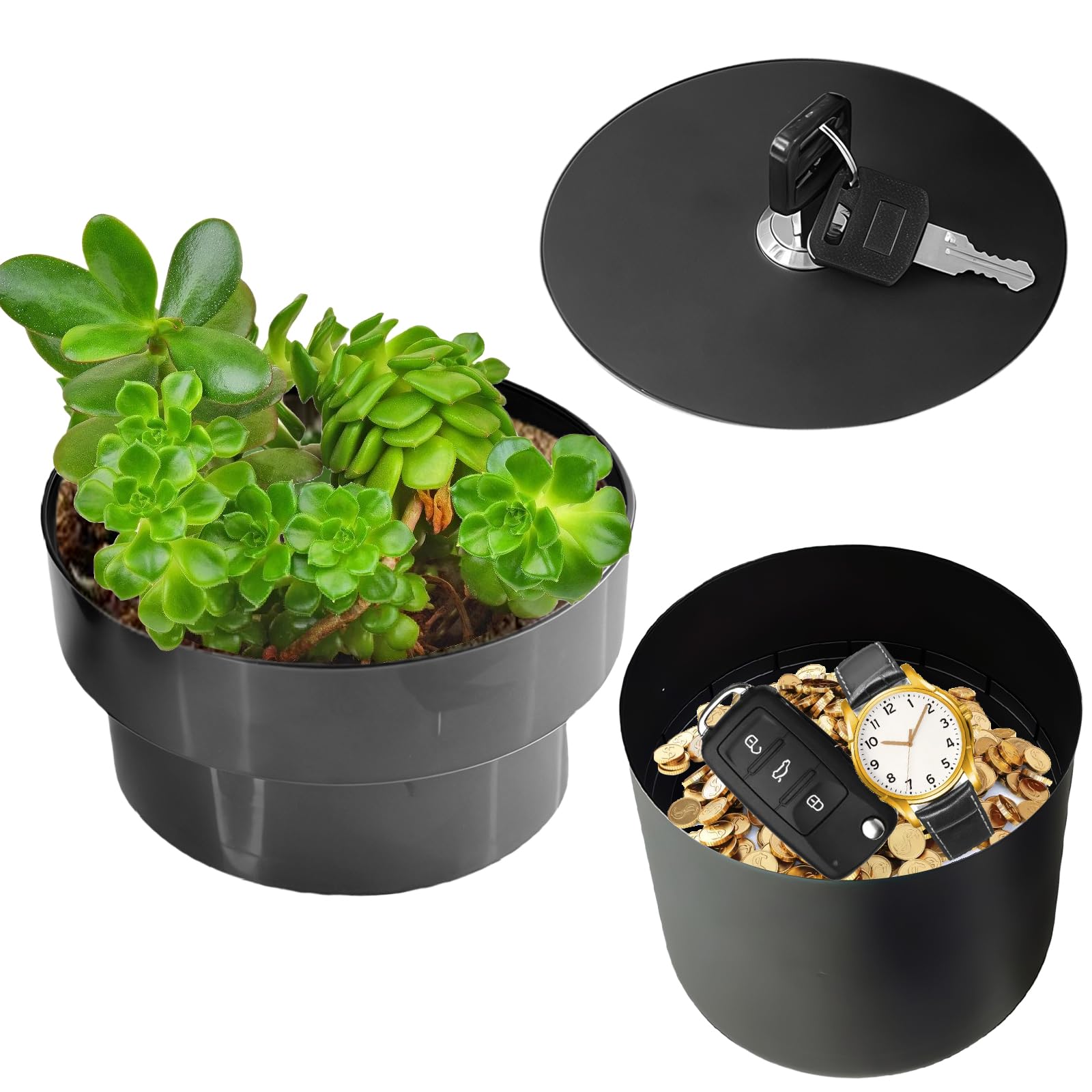 Coffre-fort Secret Pot De Fleurs 2 Couches Avec Serrure | Cache Argent, Bijoux, Clés | Déco Intérieur Métal Et Plastique - 2