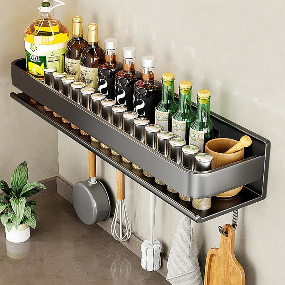 GLJTUO Wall-Mounted Spice Rack with 5 Hooks, Carbon Steel Kitchen Shelves for Spice Jars & Condiment Bottles – 60 cm Hanging Utensil Holder, Gray (Nero 60 cm),Nero-60 cm