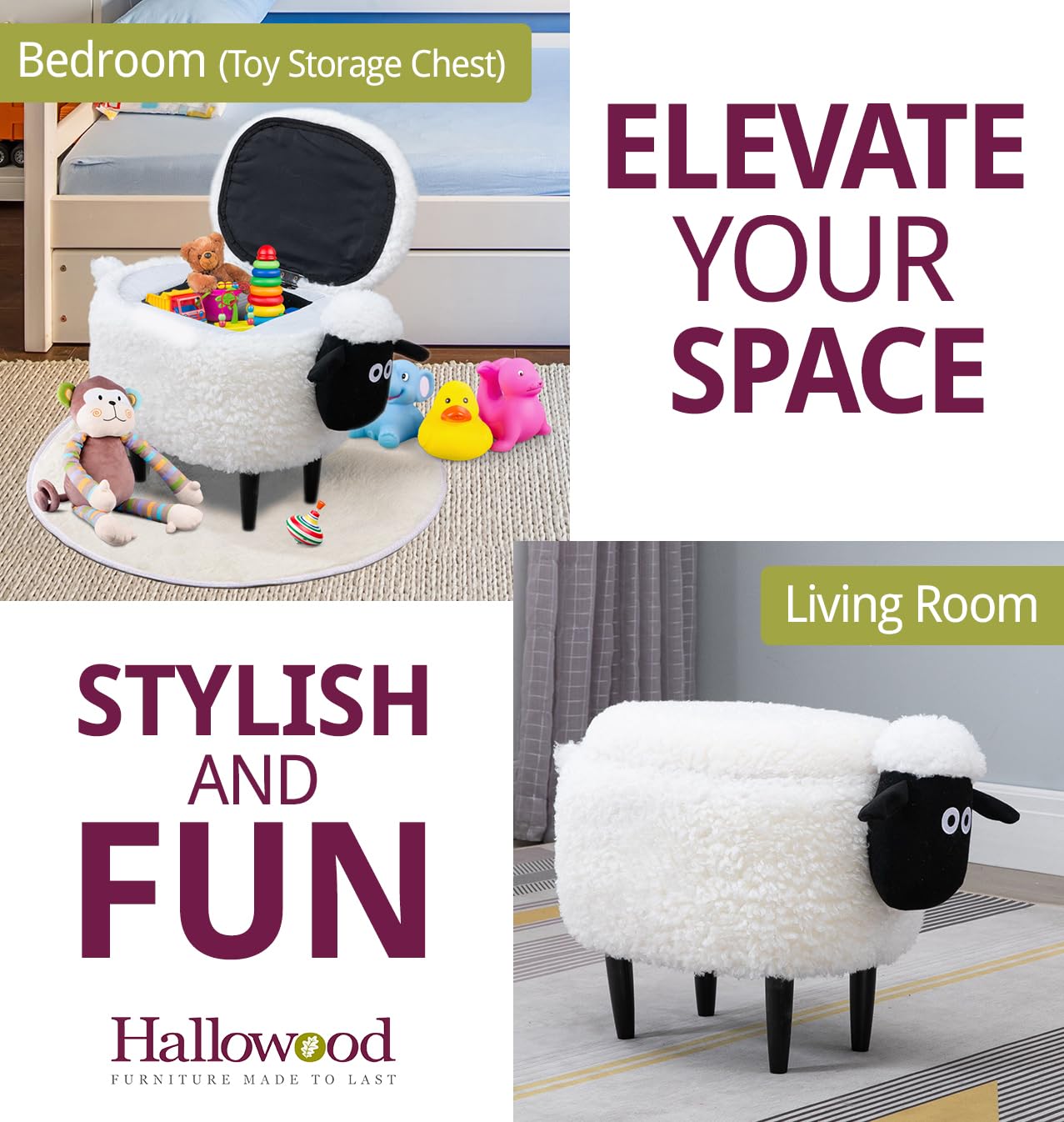 Hallowood ANI-SHE2 Taburete ovejas Animales para niños con Tapa, baúl de Almacenamiento de Juguetes/otomana/Asiento, Madera, Espuma, Lino, Blanco