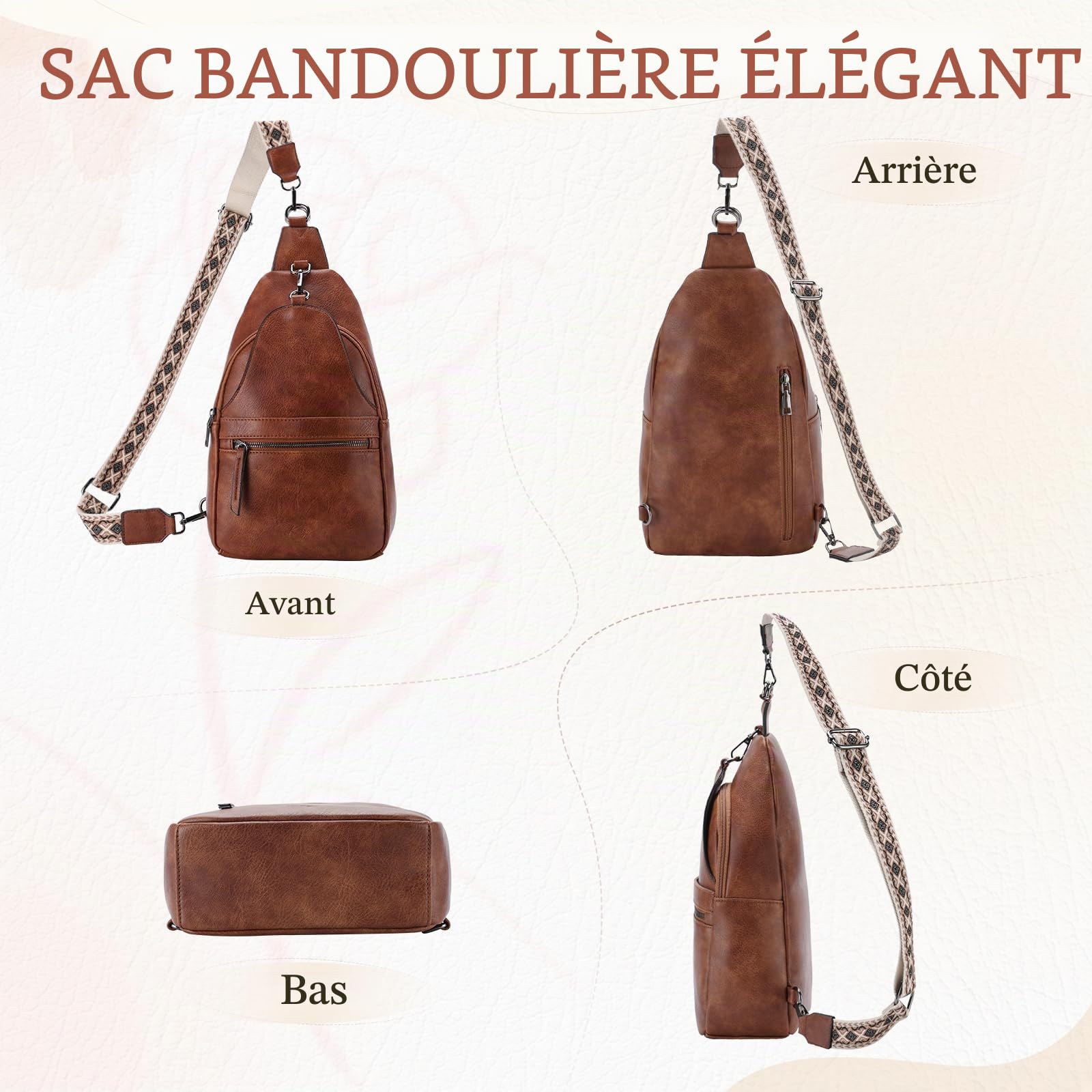Sac de Poitrine Femme, Élégant Antivol Sac Bandoulière Banane Femme Fille Convertible Cuir PU Sling Bag pour Voyage Plein Air Vacances
