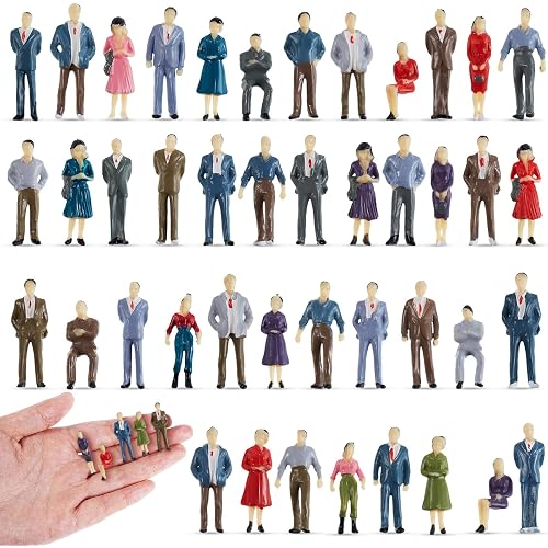 Juexica 50 Pcs 1:75 Scale Mini People Figurines Sitting Standing Scenes | Tiny People Figures for Model Train and Architectural Dioramas Museum, 0.98 Inch Painted Plastic, Sitting and Standing Poses